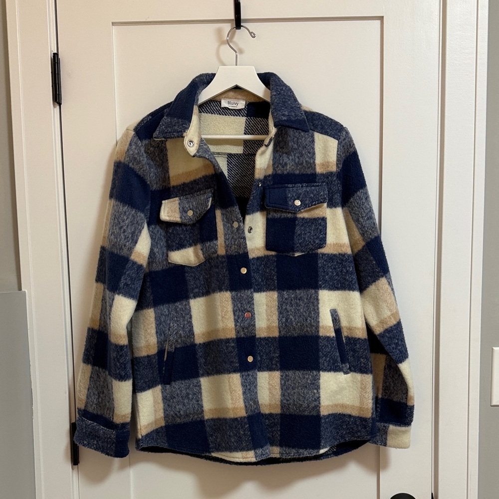 Women's Checkered Utility Jacket/“Shacket”in Blue and Cream
